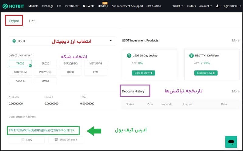 پنجره واریز رمزارز در صرافی هات بیت