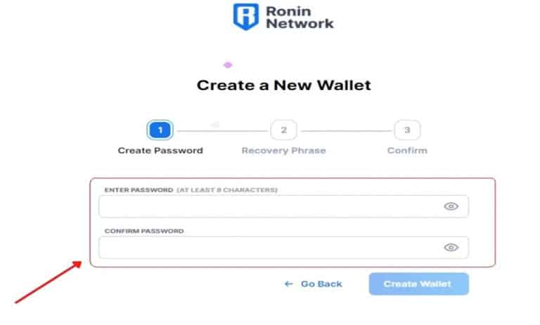 تعریف رمز عبور برای ایجاد کیف پول رونین