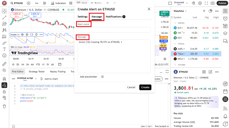 تنظیم هشدار قیمت tradingview