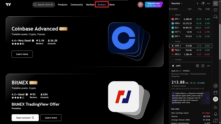 افزودن بروکر در tradingview