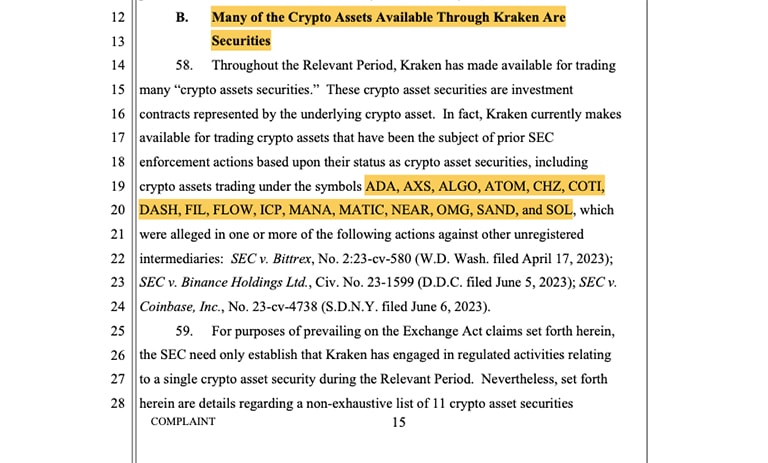 در شکایت SEC علیه کراکن ۱۶ ارز دیجیتال به عنوان اوراق بهادار ذکر شده است.