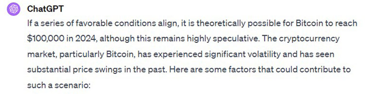 نظر ChatGPT در مورد احتمال رسیدن قیمت بیت کوین به ۱۰۰ هزار دلار