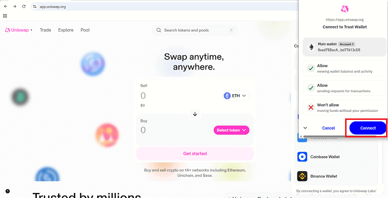اتصال کیف پول به یونی سواپ