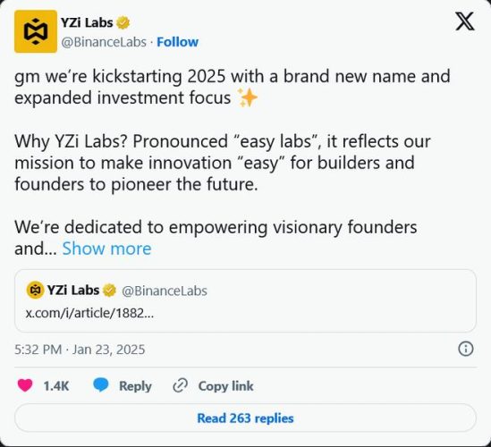 توییت YZi Labs
